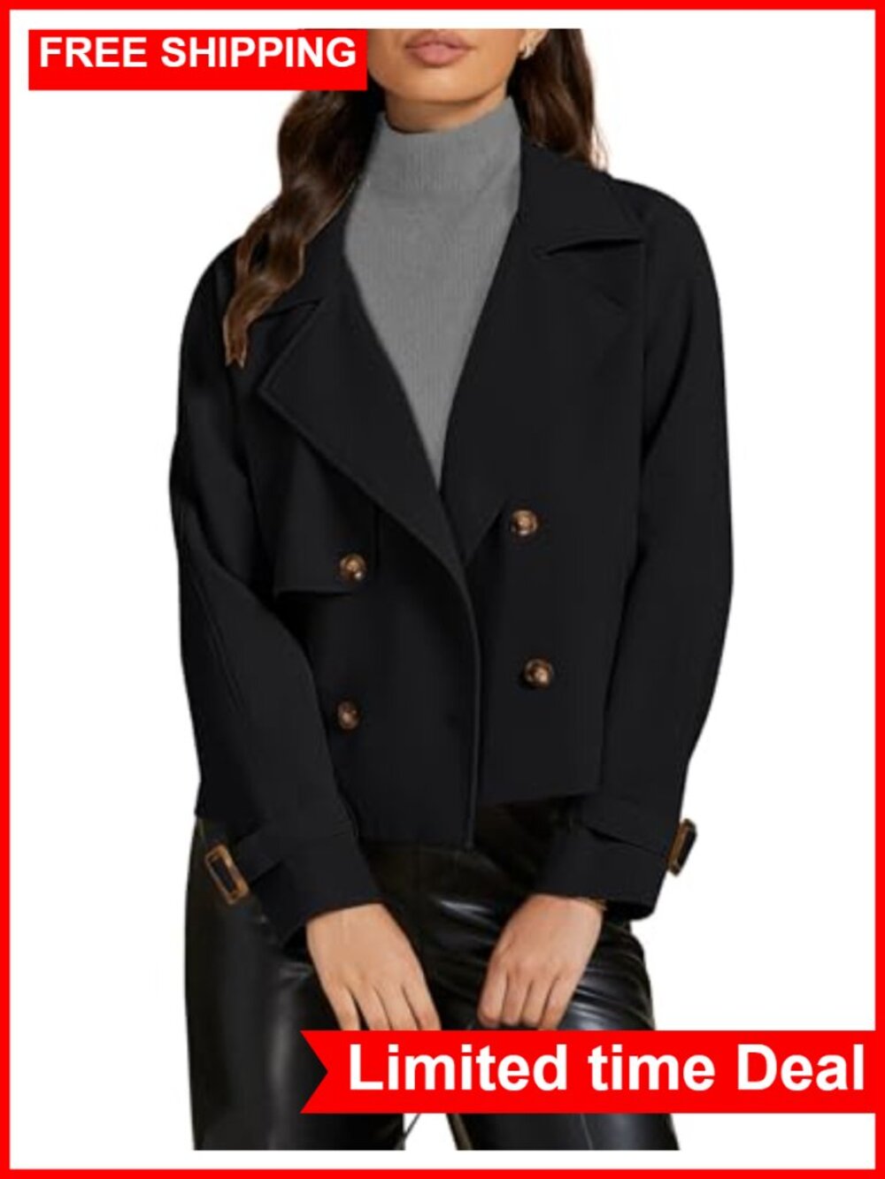 Cropped Trench Coat Double Breasted Notched Lapel Loose Fit Women's Jacket